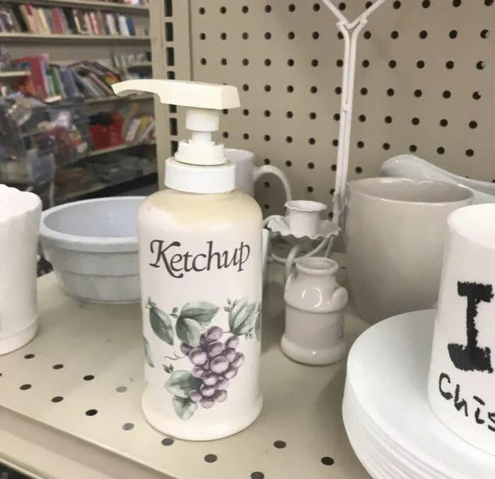 For Anyone Wanting a Grape-Decorated Soap Dispenser Labeled "ketchup"